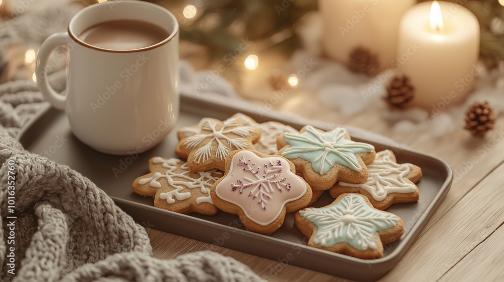 Cup of coffee and Christmas holiday cookies on a table