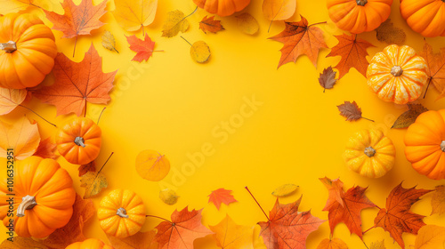 Thanksgiving autumnal autumn fall concept greeting card - Frame border made of autumn pumpkins and autumnal fallen leaves, isolated on yellow table background, top view