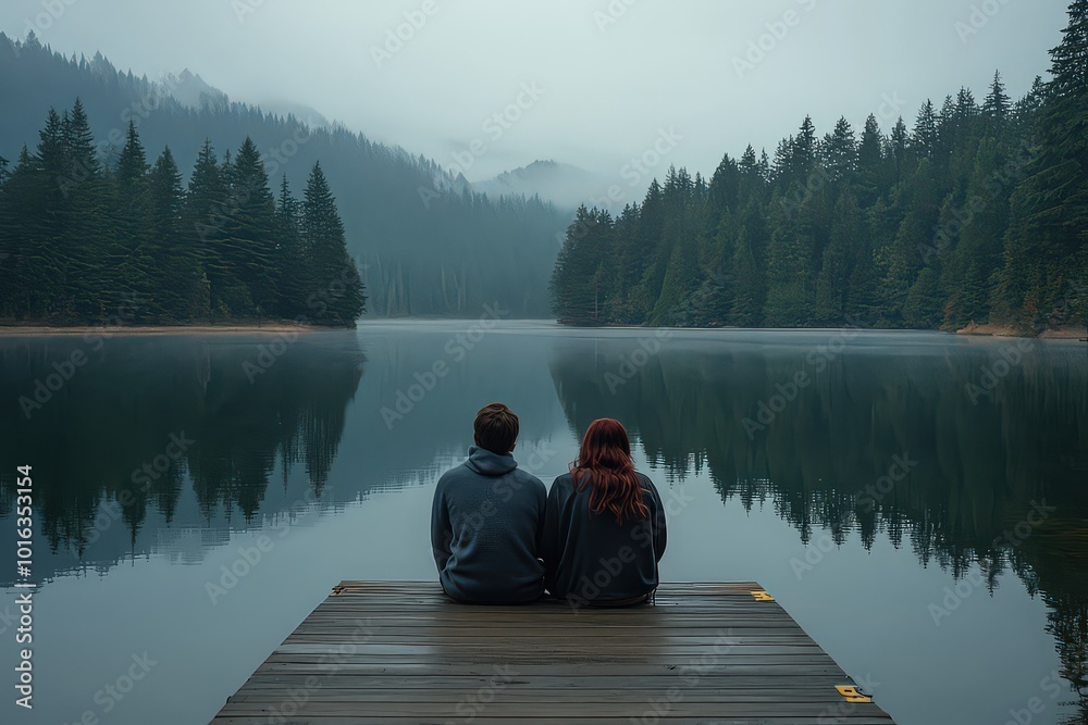 Couple enjoys peaceful moment by a lake, sitting on edge of wooden dock. Couple enjoys peaceful moment by a lake, sitting on edge of wooden dock.