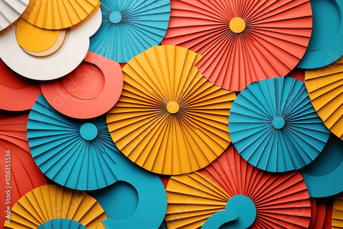 A vibrant abstract composition featuring layered, pleated paper fans and circles in blue, yellow, red, and white. The elements create a dynamic, three-dimensional pattern.