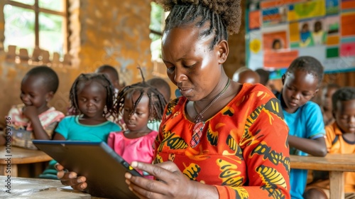 Teacher using a tablet to teach a lesson, emphasizing technology integration in education photo