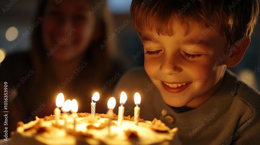 A young boy blows out candles on his birthday cake with a big smile and his eyes closed. A young boy blows out candles on his birthday cake with a big smile and his eyes closed.