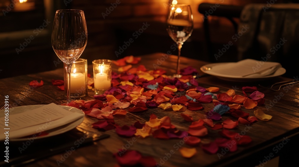 Fototapeta premium A romantic dinner setting adorned with multicolored rose petals scattered on the table, complemented by soft candlelight for an intimate atmosphere.