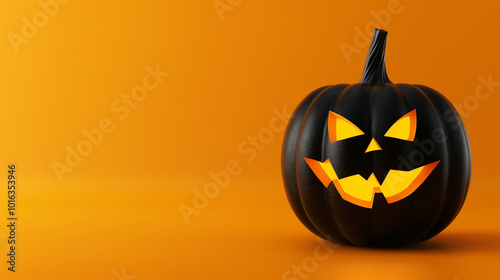 Happy halloween greeting card - Carved glowing black pumpkin, jack o lantern, isolated on orange table background