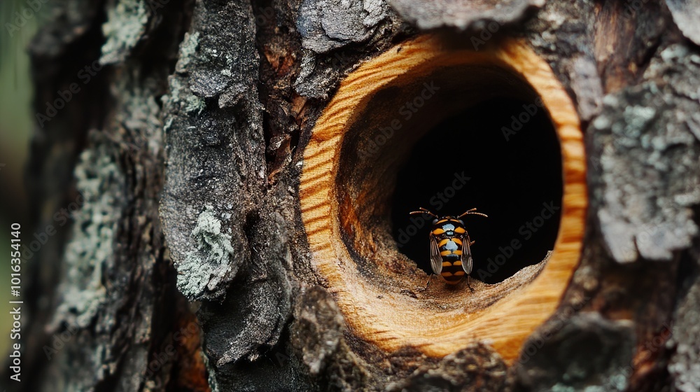 Striped Insect Emerging From Tree Hole Striped Insect Emerging From Tree Hole