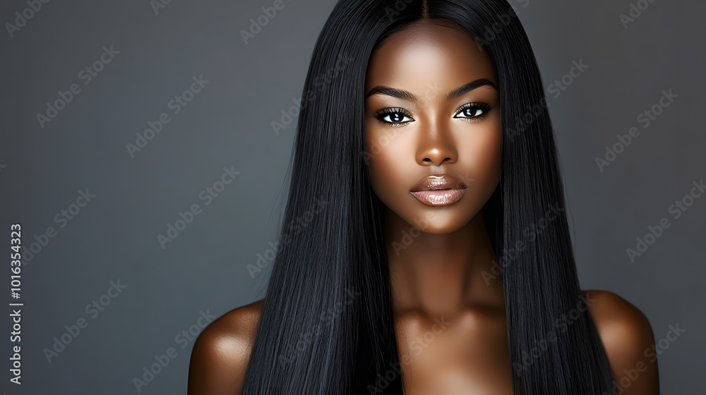 Portrait of young african woman with long straight hair. Hair care, make-up and hair health
