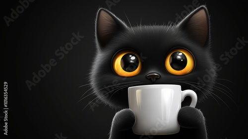 Black cat with big eyes peeking over a white cup	