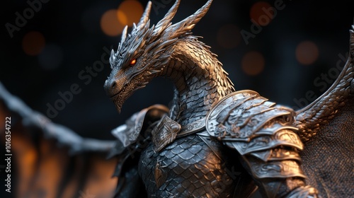 A detailed dragon sculpture with metallic textures and glowing eyes, exuding a mystical aura.