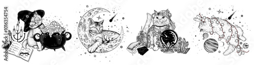 Vector set of 4 magical cats. Wizard cat with potion, tabby kitten on the moon, fortune teller cat and kitty in space