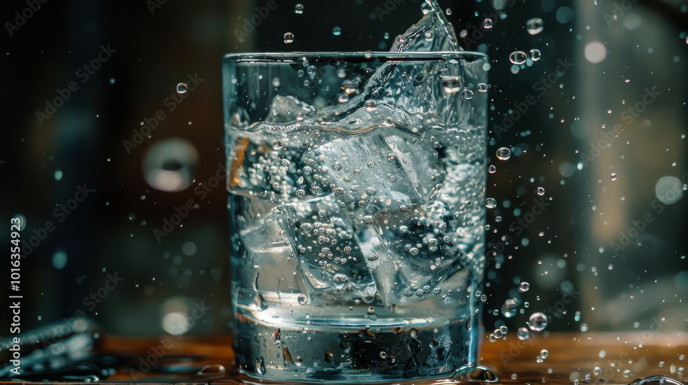 Water splashing in a glass with ice cubes in a dimly lit environment