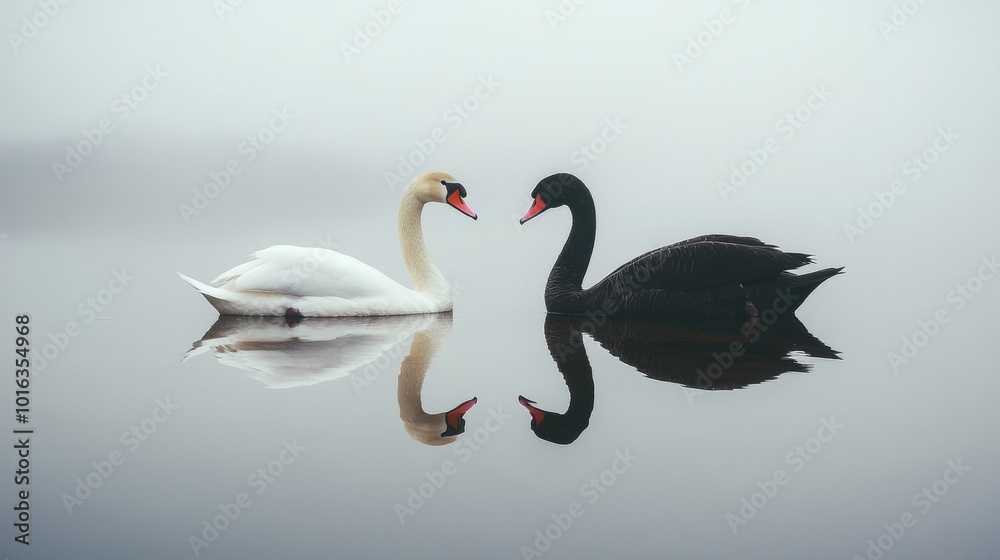 A serene white swan and a majestic black swan gliding gracefully together across a calm, reflective lake. A serene white swan and a majestic black swan gliding gracefully together across a calm, reflective lake.