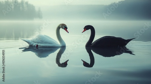 A serene white swan and a majestic black swan gliding gracefully together across a calm, reflective lake.