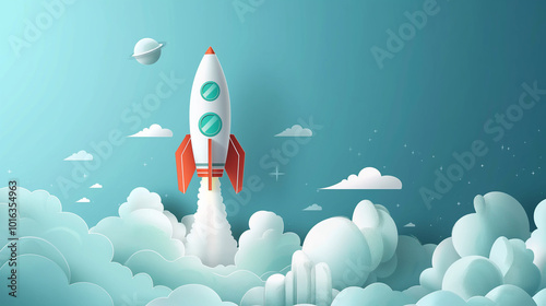 Welcome back to school business success concept greeting card - Illustration of rocket rising upwards, with blue cludy sky
