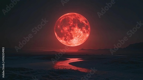 Blood Moon Over a Serene Landscape with a Winding River