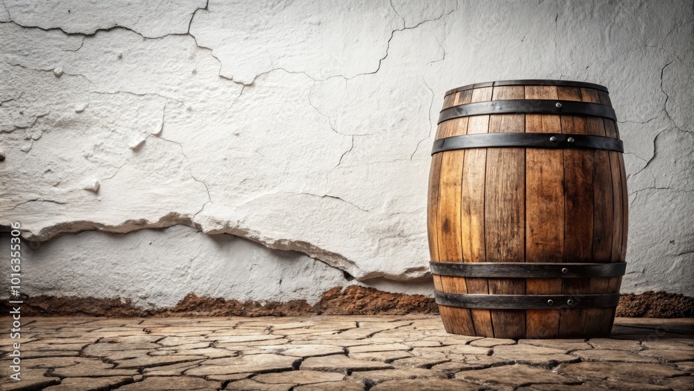 Rustic Wooden Barrel on Cracked Ground with White Wall Background for Creative Designs Rustic Wooden Barrel on Cracked Ground with White Wall Background for Creative Designs
