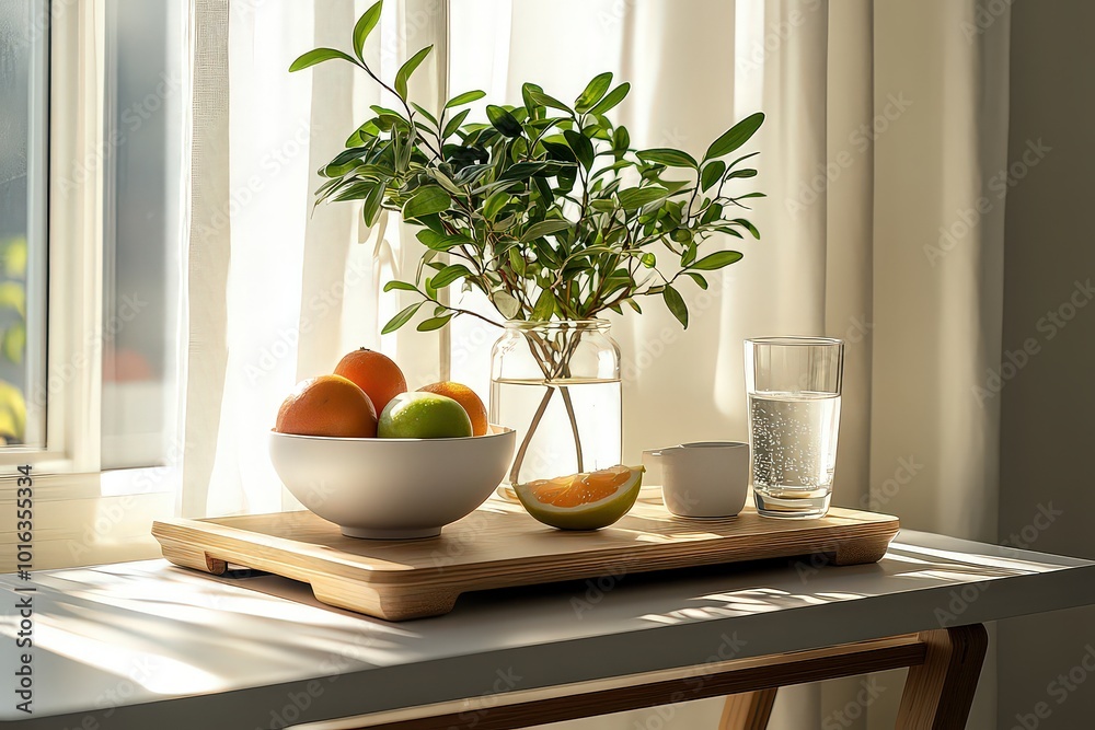  Minimalist desk setup with standing desk converter, glass of water, and bowl of fresh fruit.
