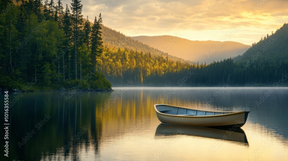 A small boat floating quietly on Swift Lake at sunrise, with the peaceful landscape of trees and mountains in the background. A small boat floating quietly on Swift Lake at sunrise, with the peaceful landscape of trees and mountains in the background.