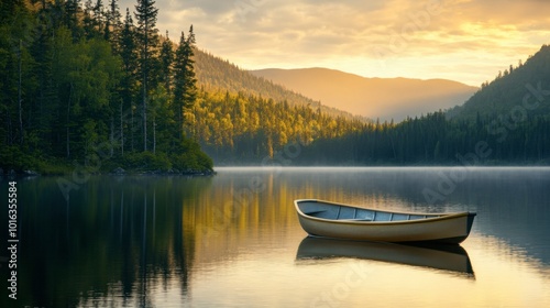 A small boat floating quietly on Swift Lake at sunrise, with the peaceful landscape of trees and mountains in the background.