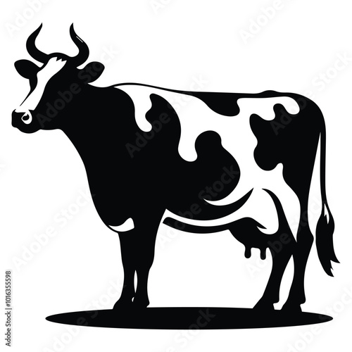 Black and white silhouette of a cow with horns