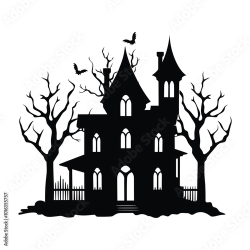 Spooky Haunted House Silhouette with Bare Trees and Fence - Halloween Vector Illustration photo