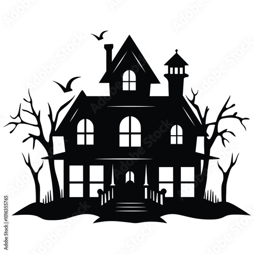 Spooky Haunted House Silhouette with Bare Trees and Fence - Halloween Vector Illustration photo