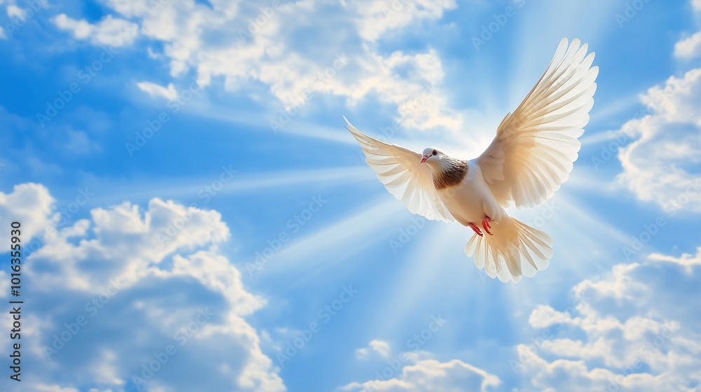 Fototapeta premium A white dove flying with wings spread wide against a bright blue sky with clouds