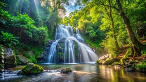 Scenic Drone Photography of a Tranquil Waterfall Surrounded by Lush Forest Greenery