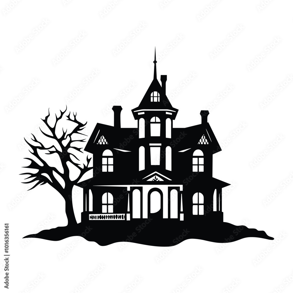 Spooky Haunted House Silhouette with Bare Trees and Fence - Halloween Vector Illustration Spooky Haunted House Silhouette with Bare Trees and Fence - Halloween Vector Illustration