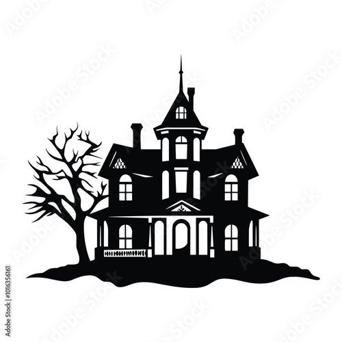 Spooky Haunted House Silhouette with Bare Trees and Fence - Halloween Vector Illustration photo