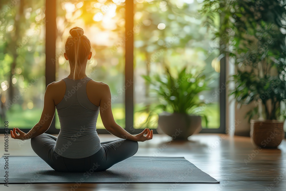 Person sitting cross-legged, meditating by large windows, soft morning sunlight, peaceful indoor setting with plants, focusing on mindfulness. Person sitting cross-legged, meditating by large windows, soft morning sunlight, peaceful indoor setting with plants, focusing on mindfulness.