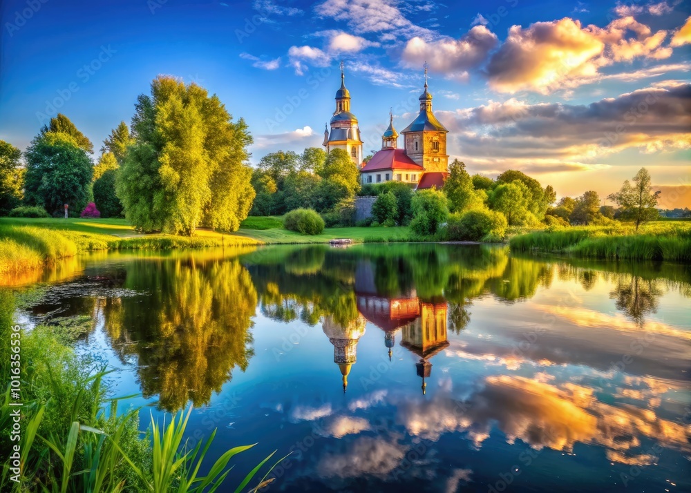Scenic View of the Church of the Intercession at a Tranquil Pond - Nature and Architecture Harmony Scenic View of the Church of the Intercession at a Tranquil Pond - Nature and Architecture Harmony