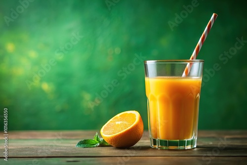 Orange juice in a glass with a straw on a green background macro