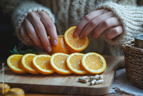  Person wearing cozy sweater sits at table preparing healthy winter snack, slicing oranges and sprinkling them with cinnamon. photo