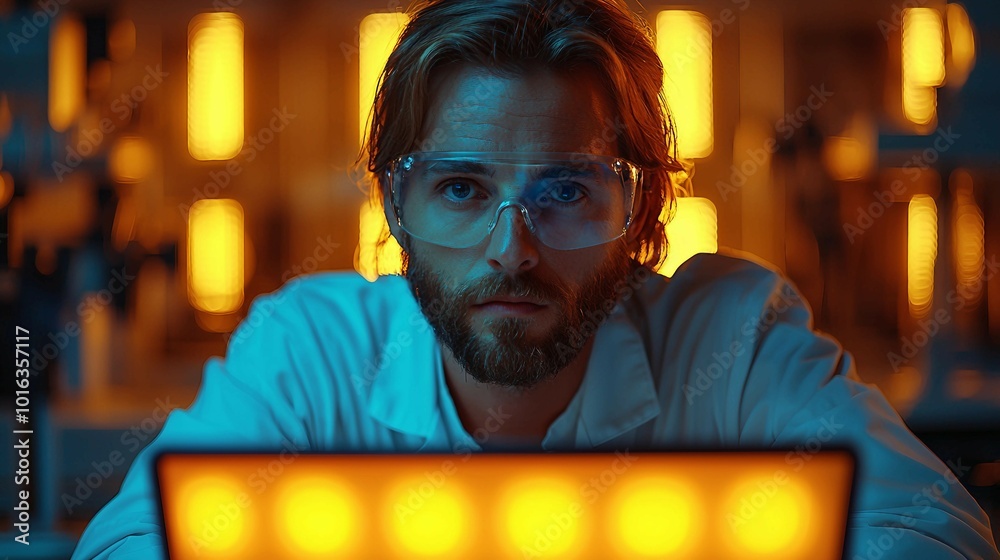 Focused Scientist Working on Laptop in Lab with Glowing Lights Focused Scientist Working on Laptop in Lab with Glowing Lights