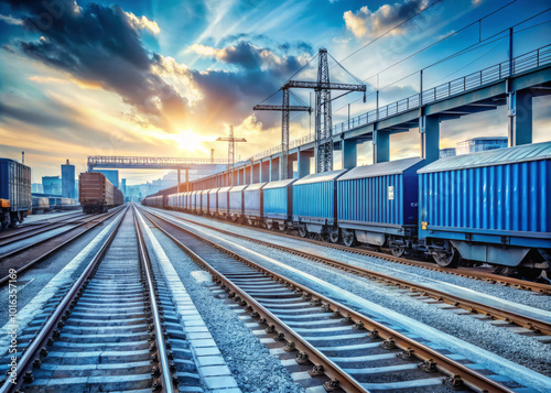 train on railroad tracks under dramatic sky at sunset, showcasing vibrant colors and industrial scenery. scene evokes sense of adventure and exploration