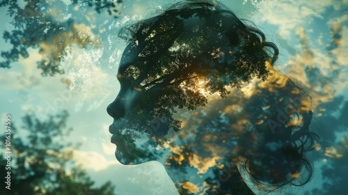 A profile of a woman with curly hair, surrounded by tree branches and sunlight filtering through leaves in a serene outdoor setting