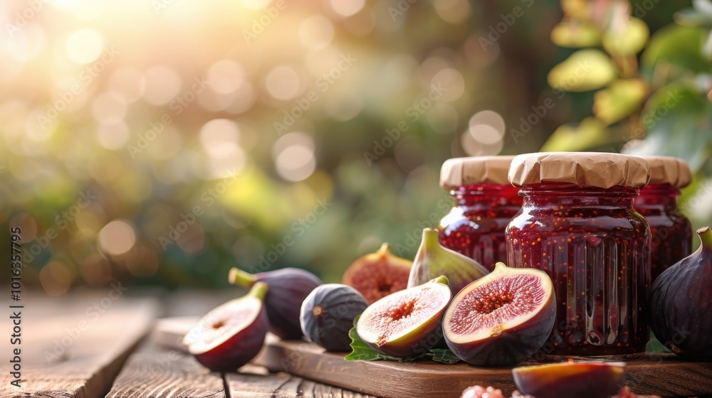 A rustic outdoor scene with a jar of homemade fig jam placed on a wooden table, surrounded by freshly sliced figs, basking in warm sunlight.

