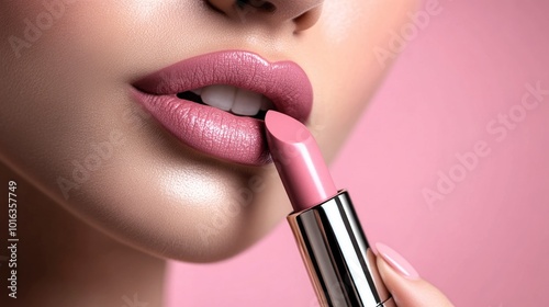 close up of glamorous young woman applying pink lipstick on grey background, beauty and makeup