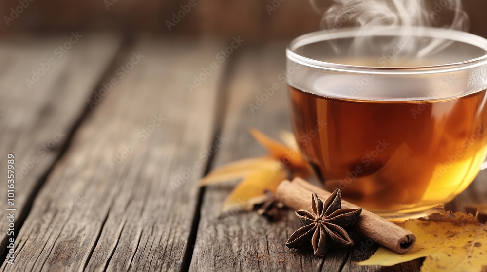 Glass cup of steaming hot tea with cinnamon and star anise on a rustic wooden table, evoking warmth Glass cup of steaming hot tea with cinnamon and star anise on a rustic wooden table, evoking warmth