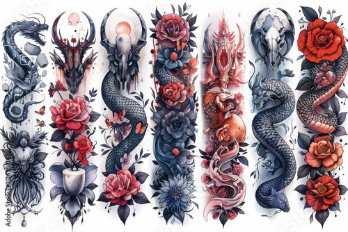 A collection of vibrant tattoo sleeve designs featuring dragons, roses, and mythical creatures, crafted in bold black and red ink with intricate details.

