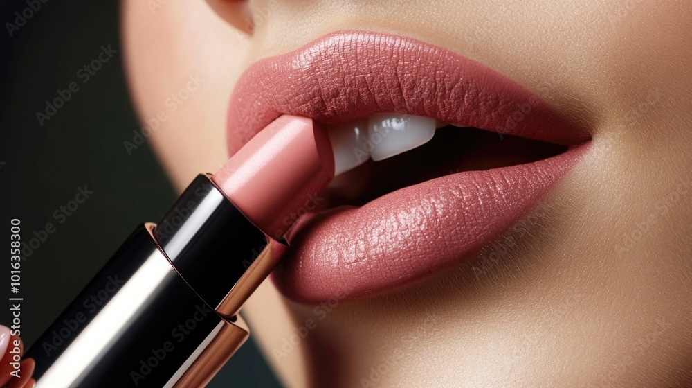 Obraz premium close up of glamorous young woman applying pink lipstick on grey background, beauty and makeup