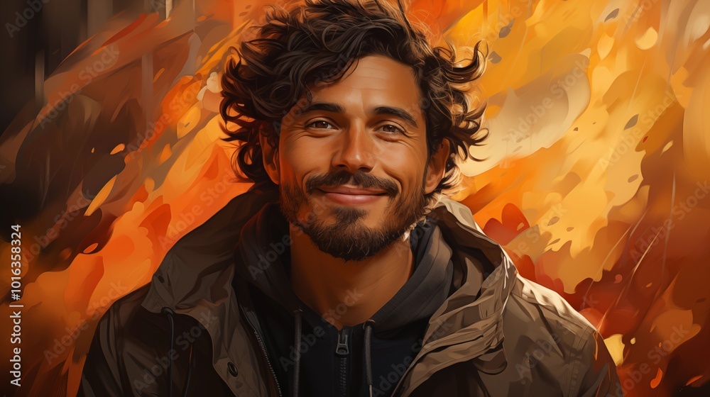 Picture of man with curly hair, wearing jacket, and smiling. This image can be used to portray friendly and approachable individual. Suitable for various projects and designs. Picture of man with curly hair, wearing jacket, and smiling. This image can be used to portray friendly and approachable individual. Suitable for various projects and designs.