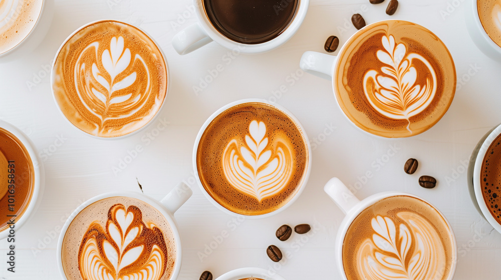 Overhead view of multiple cups of coffee with intricate latte art in various designs Overhead view of multiple cups of coffee with intricate latte art in various designs