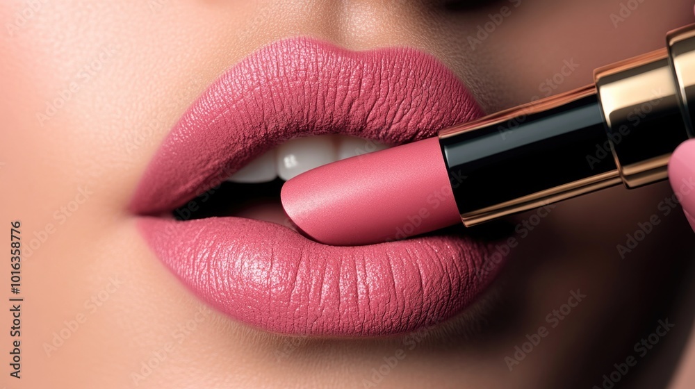 Obraz premium close up of glamorous young woman applying pink lipstick on grey background, beauty and makeup