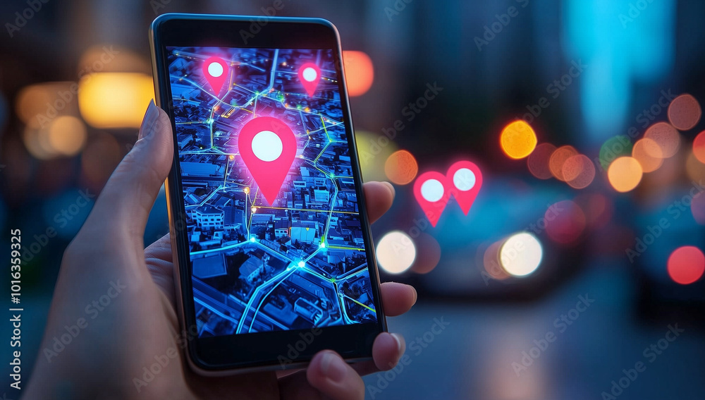 Hands holding a phone showing maps and a localization icon in a street setting, representing local SEO optimization for businesses. Ideal for illustrating digital marketing strategies.