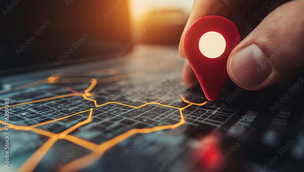 A hand holding a red localization icon against a tech background, symbolizing local SEO optimization for businesses. Perfect for illustrating digital marketing strategies.