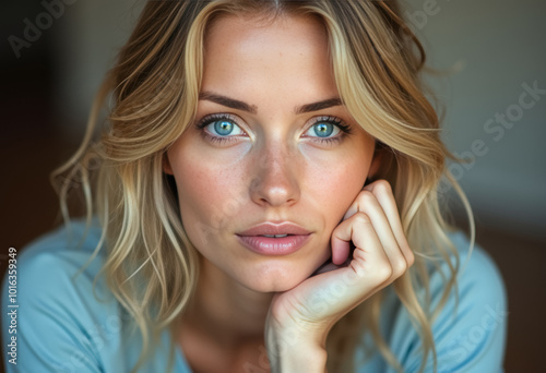 Portrait of a contemplative woman with striking blue eyes and blond hair