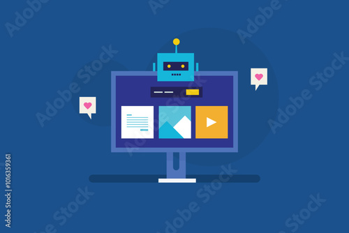 Artificial Intelligence producing content from prompt command, AI generating image, video and text content, AI chat bot content creator. Vector illustration concept.