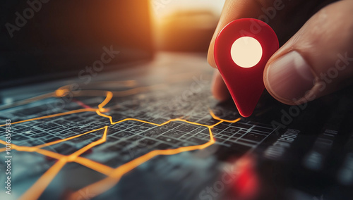 Obraz na płótnie A hand holding a red localization icon against a tech background, symbolizing local SEO optimization for businesses. Perfect for illustrating digital marketing strategies. w salonie