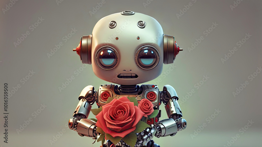 Small robot holding a red rose in a romantic gesture, with bokeh lights in the background, perfect for valentine's day visuals Small robot holding a red rose in a romantic gesture, with bokeh lights in the background, perfect for valentine's day visuals